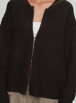 back view of model wearing Princess Polly Lexene Zip Through Jumper Chocolate Longline Jumpers 