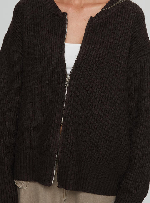 back view of model wearing Princess Polly Lexene Zip Through Jumper Chocolate Longline Jumpers 