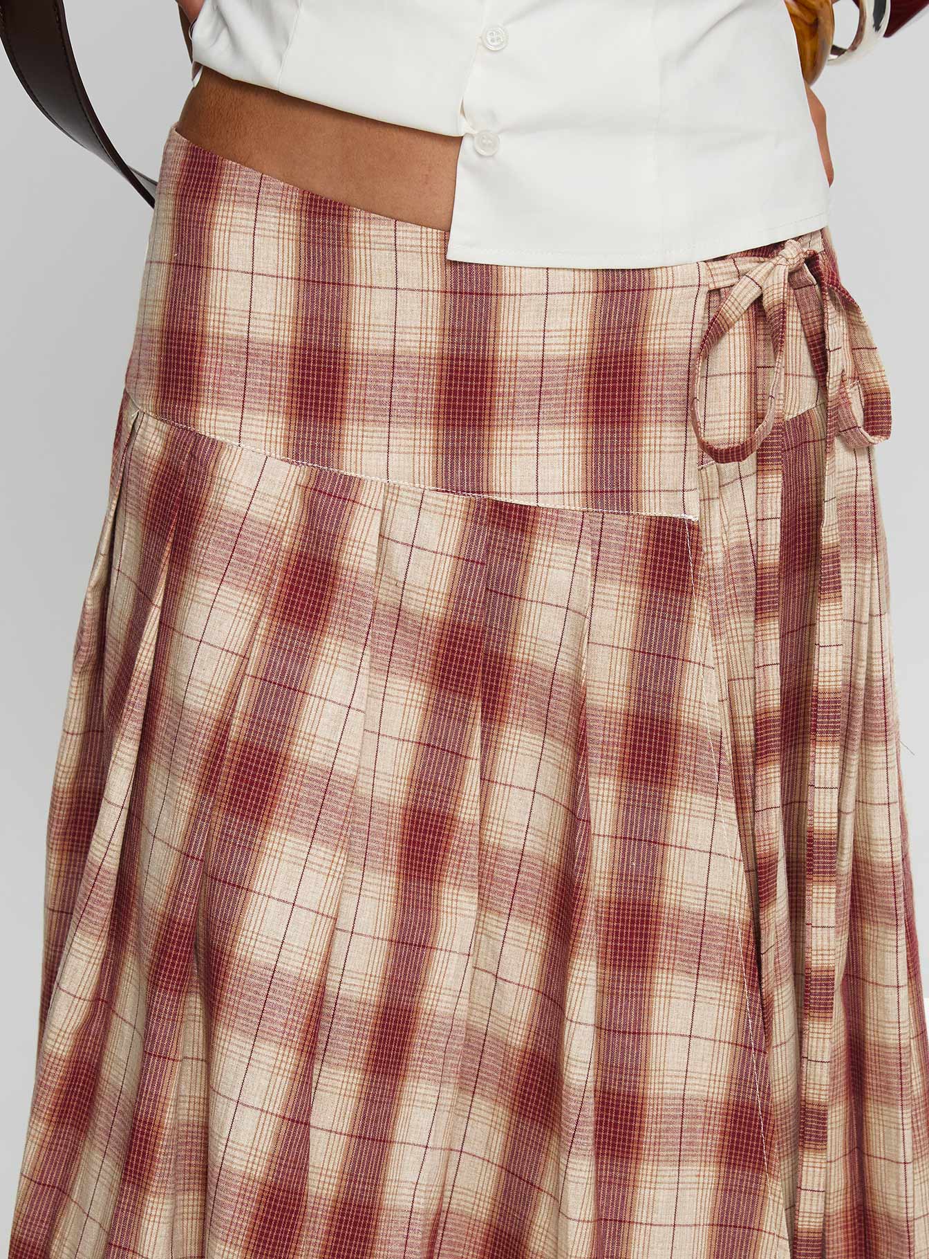 back view of model wearing Princess Polly Norie Wrap Pleat Midi Skirt Red Plaid Midi Skirts 