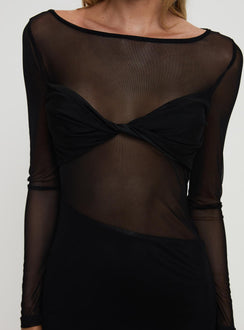 back view of model wearing Princess Polly Insatiable Long Sleeve Mesh Mini Dress Black Boat Neck 