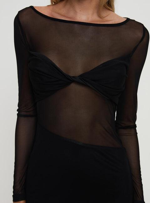 back view of model wearing Princess Polly Insatiable Long Sleeve Mesh Mini Dress Black Boat Neck 