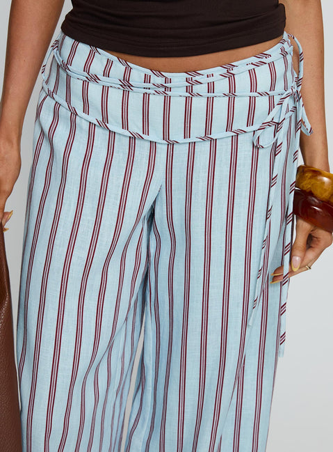 back view of model wearing Princess Polly Silver Moon Linen Blend Tie Pants Blue / Maroon Stripe Mid Rise Pants 