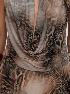 side view of model wearing Princess Polly Bossa Nova Halter Mini Dress Snake Cowl Neck 