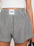 front view of model wearing Princess Polly Sincar Boxer Shorts Black / White Stripe High Waisted Shorts 