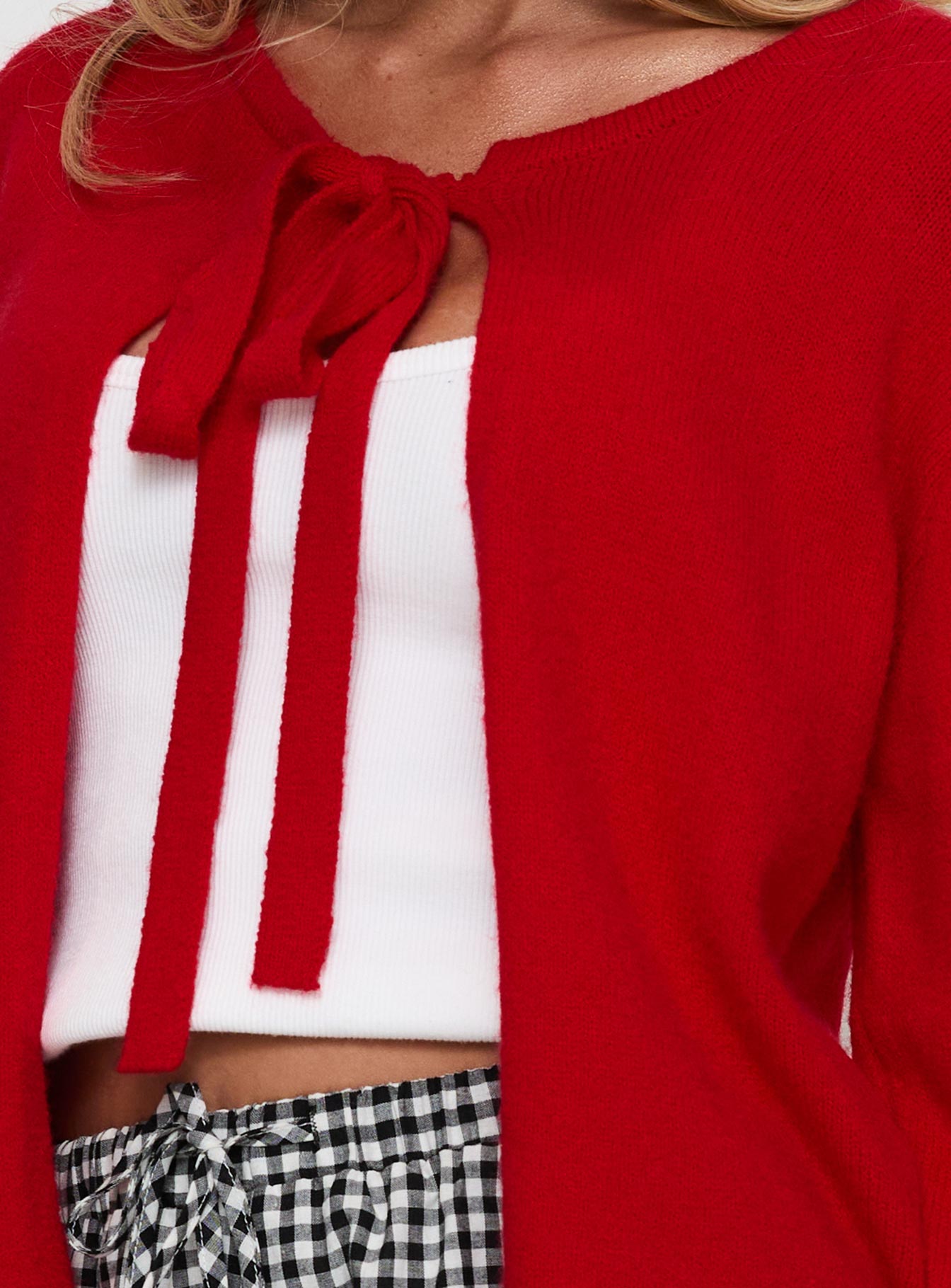 front view of model wearing Princess Polly Norine Tie Up Knit Sweater Red Cropped 