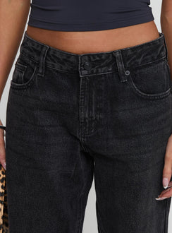 back view of model wearing Princess Polly Serenitia Mid Rise Relaxed Jeans Washed Black Tall Mid Rise 