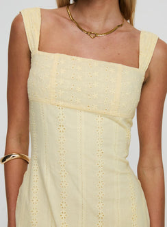 back view of model wearing Princess Polly Allegro Mini Dress Lemon Square Neck 