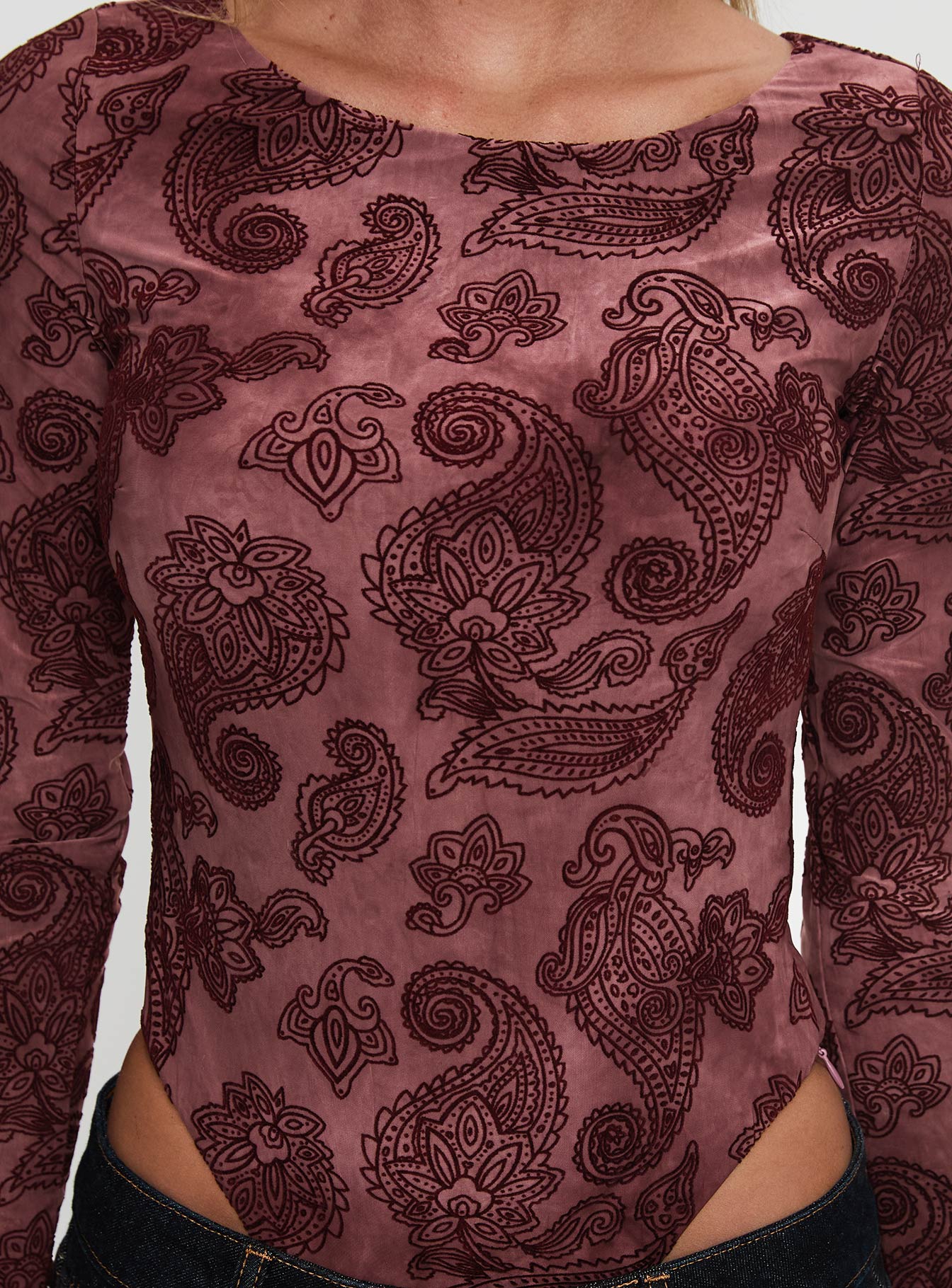 front view of model wearing Princess Polly Spruce Bodysuit Red Paisley Long Sleeve Tops 