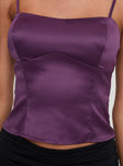 back view of model wearing Princess Polly Marcelline Satin Top Plum Sleeveless Square Neck 