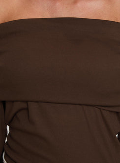 product Princess Polly Spoilt Off The Shoulder Bodysuit Brown Long Sleeve Tops 
