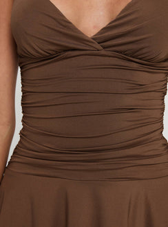 back view of model wearing Princess Polly Andersson Mini Dress Chocolate Sweetheart Neckline 