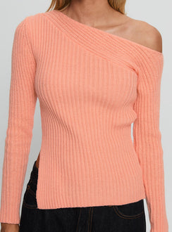 back view of model wearing Princess Polly Exquisite Off Shoulder Knit Sweater Orange Long 