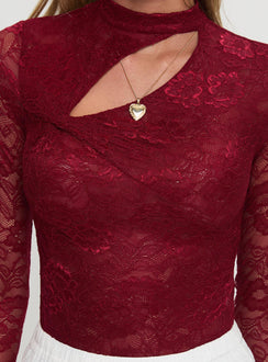 back view of model wearing Princess Polly Twisted Humour Long Sleeve Lace Bodysuit Burgundy Long Sleeve Tops 