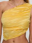 back view of model wearing Princess Polly Brinstead One Shoulder Top Yellow Sleeveless Asymmetric Neckline 