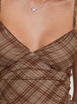 back view of model wearing Princess Polly Breigh Top Brown Check Sleeveless Plunger 