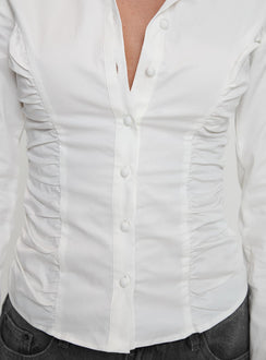 back view of model wearing Princess Polly Stand Up Guy Long Sleeved Ruched Detail Top White Full Sleeves V-Neck 