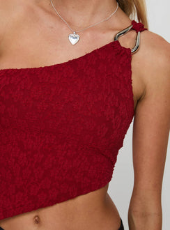 back view of model wearing Princess Polly Toomba One Shoulder Top Blurred Lace Red Sleeveless Asymmetric Neckline 
