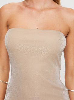 back view of model wearing Princess Polly Samper Strapless Maxi Dress Champagne Straight Neck 