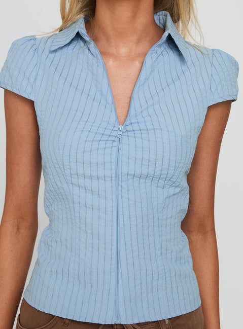 Jerrod Zip Up Short Sleeve Shirt Blue Stripe