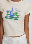 back view of model wearing Princess Polly Viva La Vino Top Cream Short Sleeves Crew Neck 