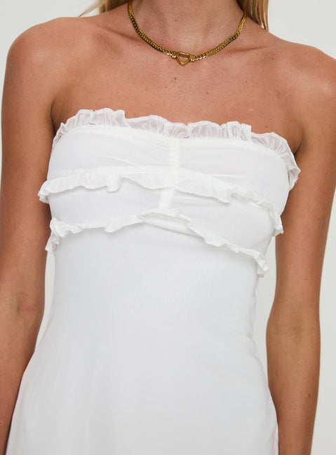 back view of model wearing Princess Polly Khaos Strapless Mini Dress White Straight Neck 