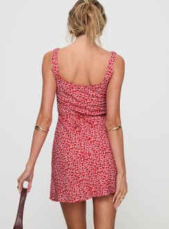 back view of model wearing Princess Polly Radiatori Mini Dress Floral Square Neck 