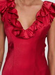 side view of model wearing Princess Polly Butacup Frill Mini Dress Red V-Neck 