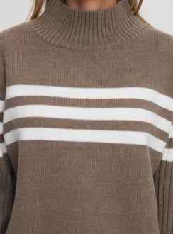 side view of model wearing Princess Polly Bessemer Funnel Neck Knit Sweater Mocha Stripe Long 