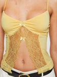 back view of model wearing Princess Polly Marcio Lace Top Yellow Sleeveless V-Neck 