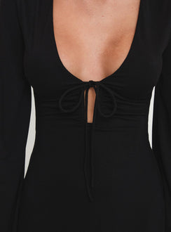 back view of model wearing Princess Polly Dafnie Long Sleeve Mini Dress Black Plunger 