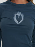 back view of model wearing Princess Polly Burning Desires Long Sleeve Top Navy Full Sleeves Crew Neck 