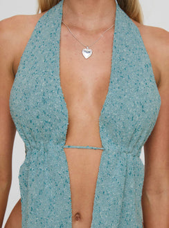 back view of model wearing Princess Polly Kamirie Top Blue Sleeveless Plunger 