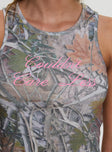 back view of model wearing Princess Polly Couldn't Care Less Graphic Top Leafy Camo Sleeveless Crew Neck 