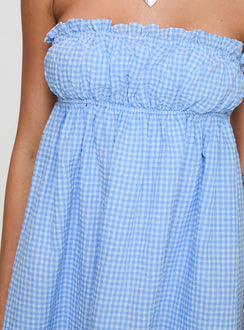 back view of model wearing Princess Polly Wynston Mini Dress Blue Gingham Straight Neck 
