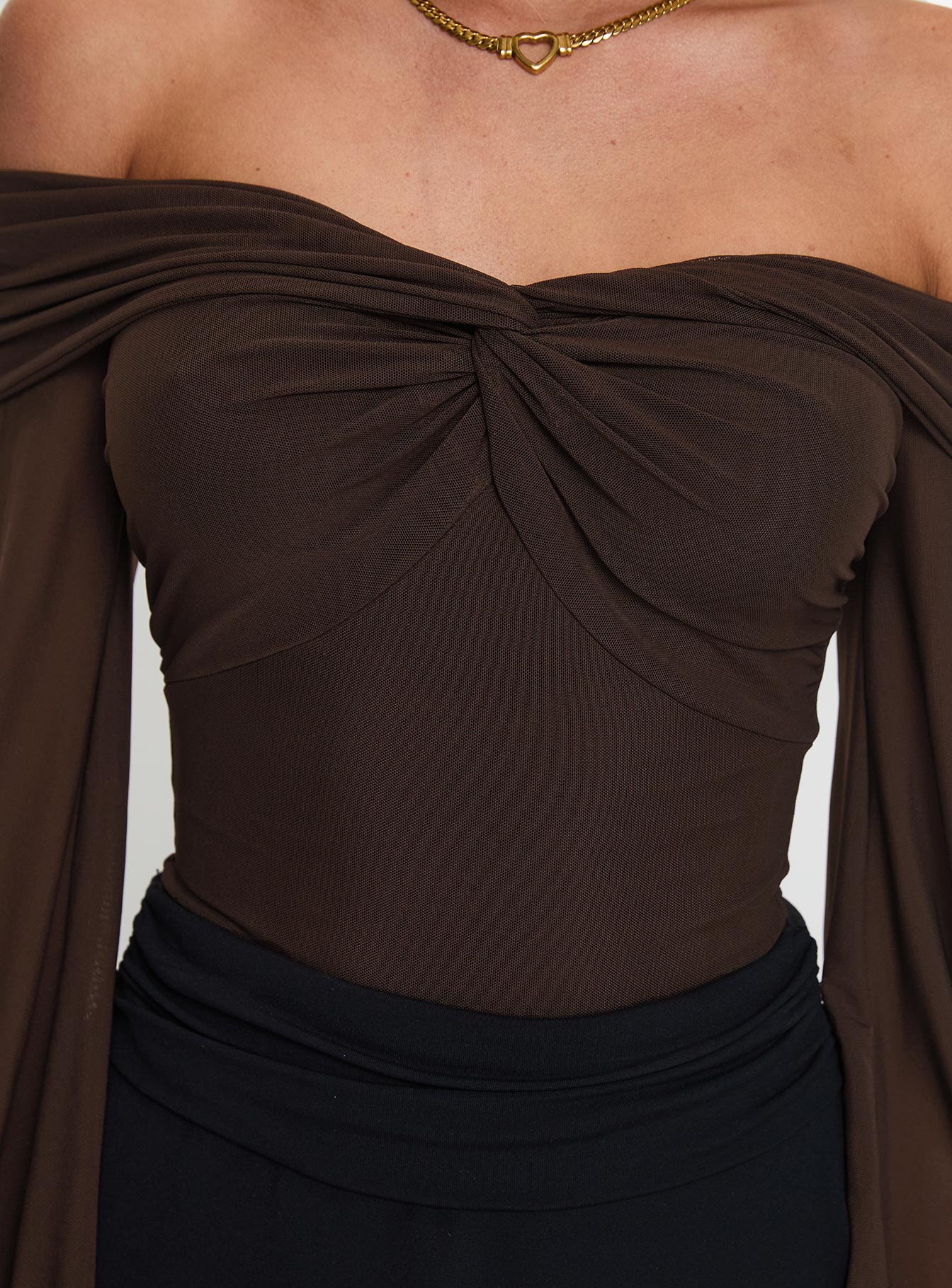 back view of model wearing Princess Polly Babette Off The Shoulder Bodysuit Brown Long Sleeve Tops 