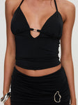 front view of model wearing Princess Polly Norwalk Plunge Neck Top Black Sleeveless Plunger 