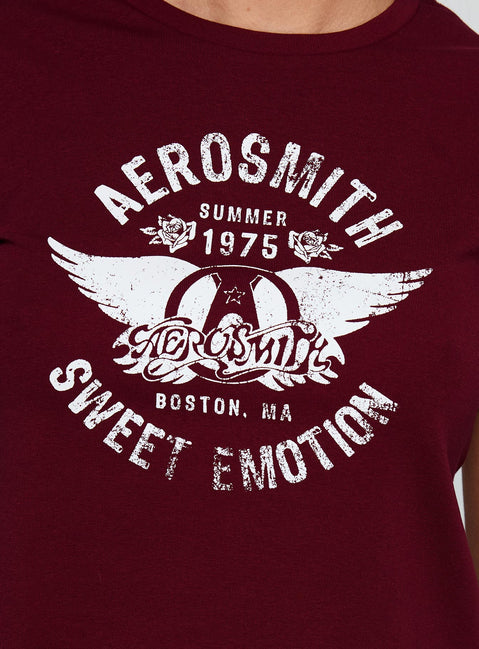 product Princess Polly Aerosmith Vintage Graphic Top Burgundy Short Sleeves Crew Neck 