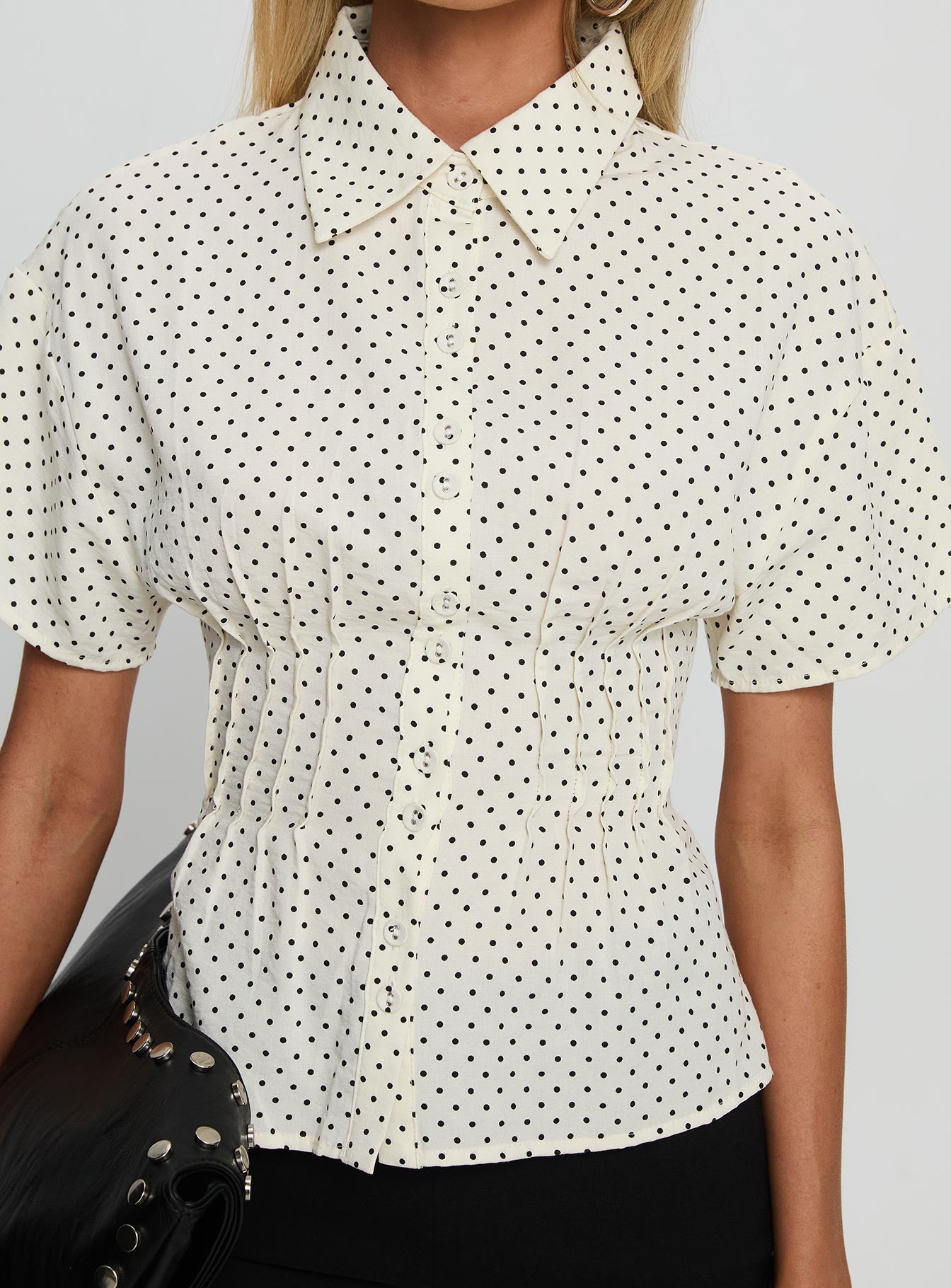 Dannica Cinched Short Sleeve Shirt Cream Polka