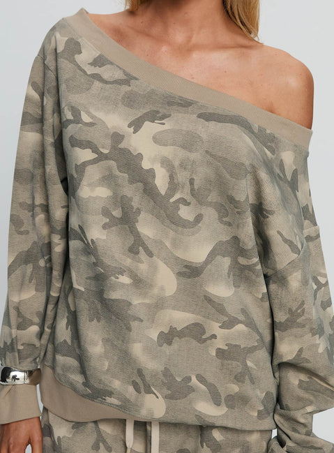 back view of model wearing Princess Polly Wellness Off The Shoulder Jumper Washed Camo 