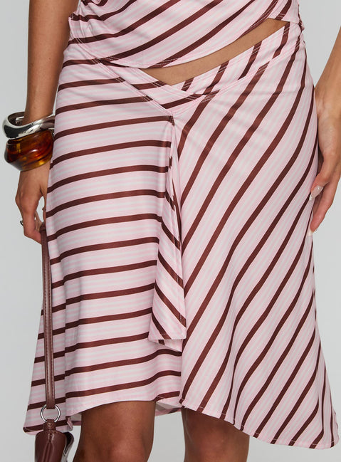   side view of model wearing Princess Polly Esmeray Midi Skirt Pink Stripe 