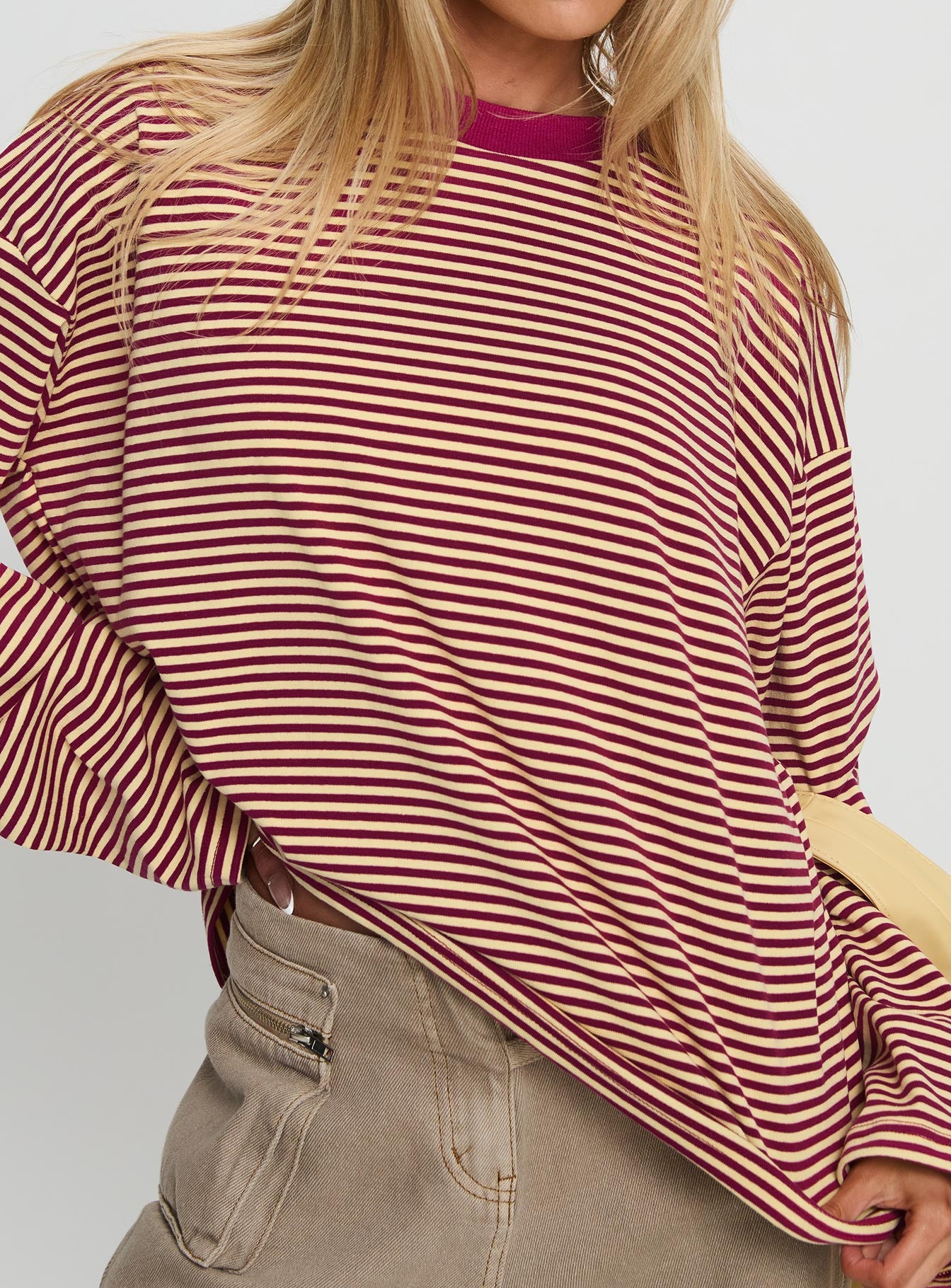 Settle Down Long Sleeve Top Lemon / Burgundy Stripe