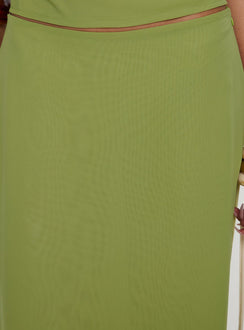 back view of model wearing Princess Polly Eleganza Maxi Skirt Green Maxi 