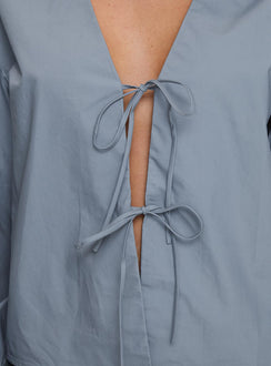 back view of model wearing Princess Polly Rinon Long Sleeve Top Steel Full Sleeves V-Neck 