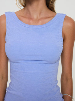 back view of model wearing Princess Polly Ashen Mini Dress Blue Scoop Neck 