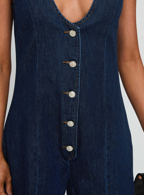 Arcore Button Up Denim Playsuit Dark Wash