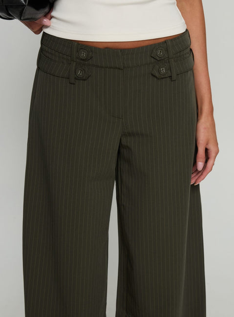 front view of model wearing Princess Polly Jette Tailored Buckle Pant Green Pinstripe High Rise Pants 