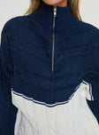 back view of model wearing Princess Polly San Seb Quarter Zip Sweater Navy / Cream regular 