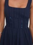 front view of model wearing Princess Polly Lorinda Maxi Dress Navy Square Neck 