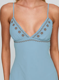 back view of model wearing Princess Polly Fleuretta Embroidered Midi Dress Blue / Brown Plunger 