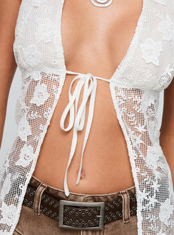 back view of model wearing Princess Polly Elevation Tie Up Longline Top White Sleeveless Plunger 